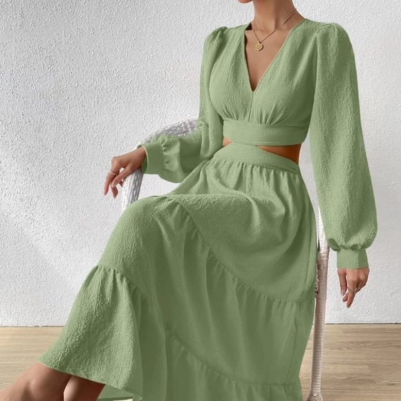 Cut Out Waist Lantern Sleeve Ruffle Hem green Dress maxi - Picture 5 of 5